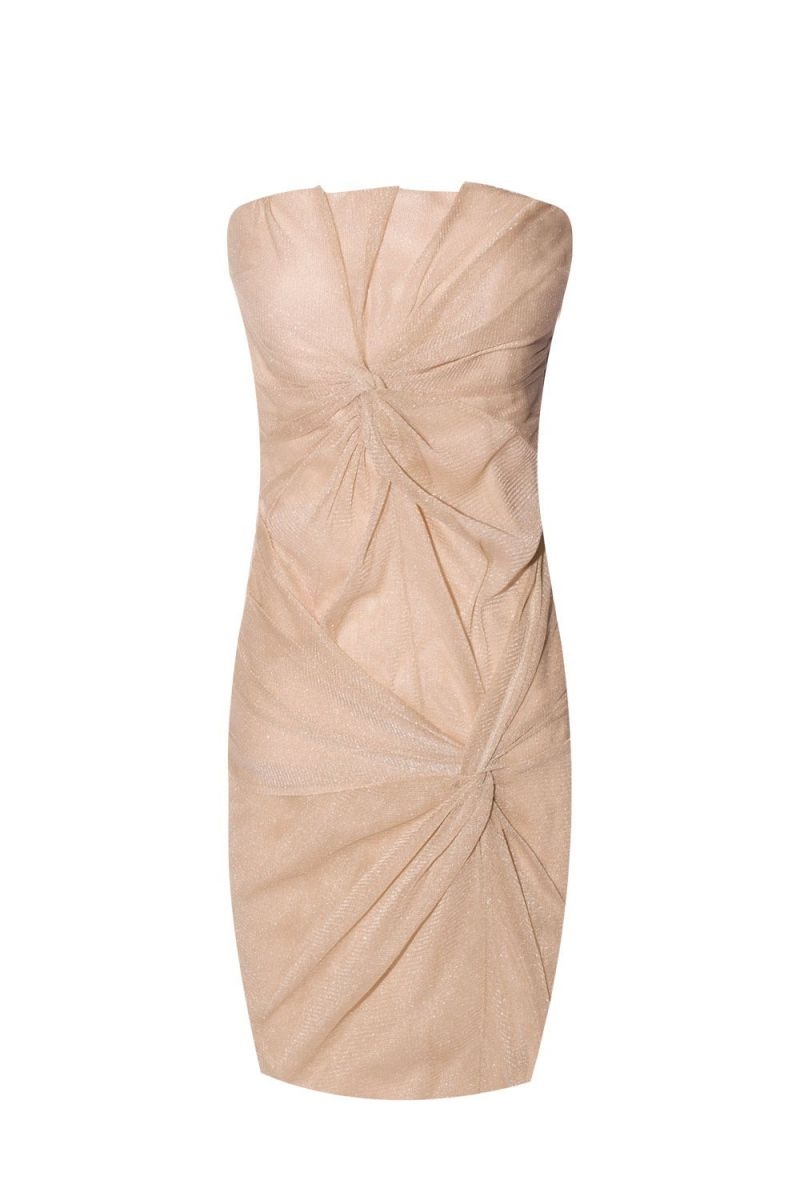 vestido beige palabra de honor drapeado negro